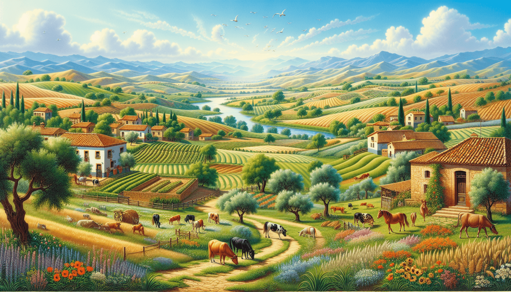 Vista del campo español con granjas